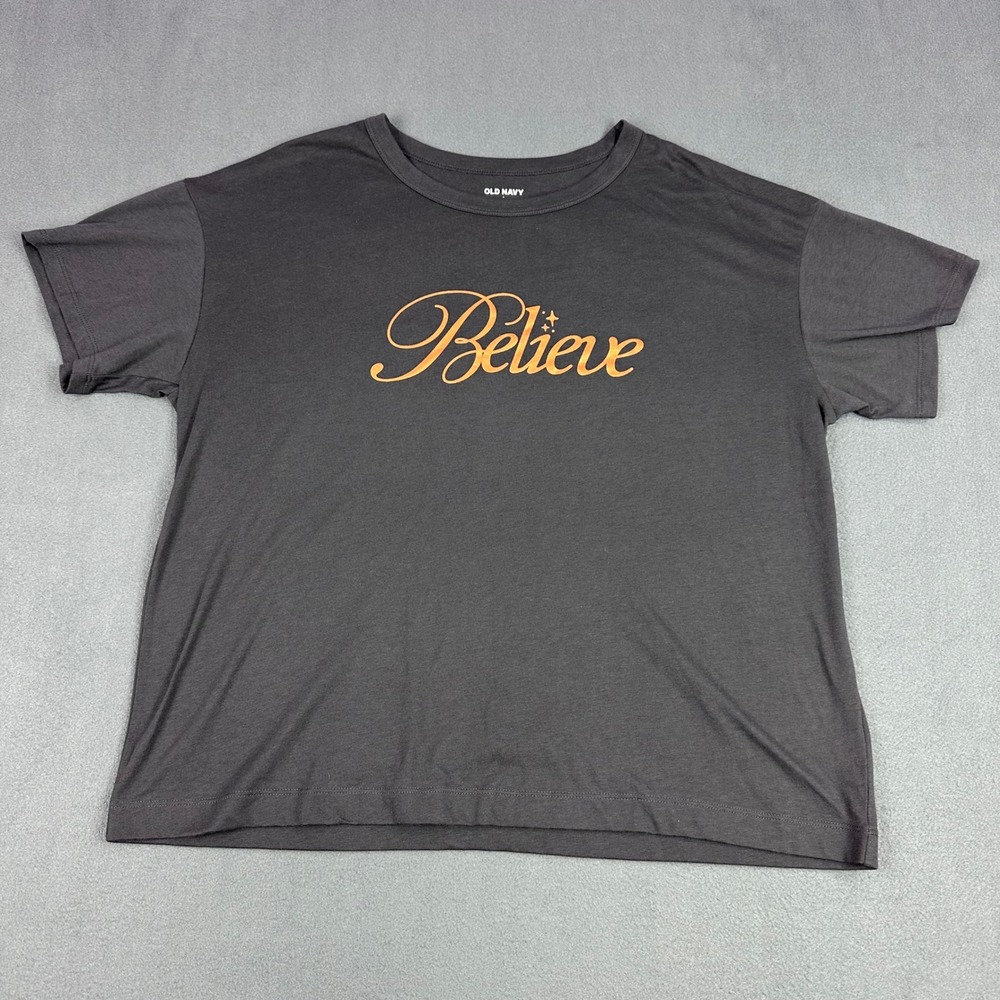 Old Navy Believe Graphic Tee Charcoal Gray Metallic Orange Script Shirt Large